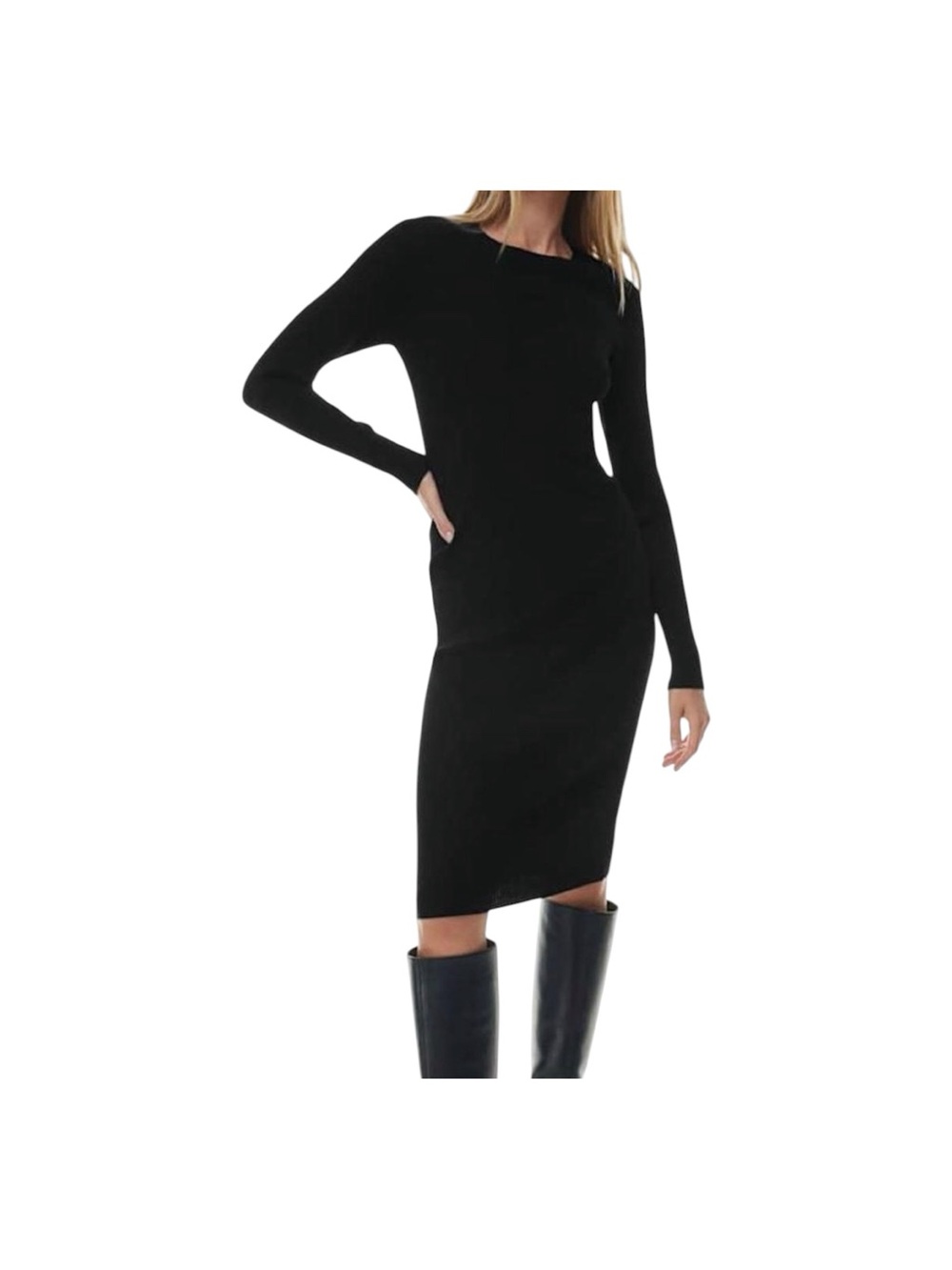 Aritzia Wilfred Black Crew Neck Long Sleeves Stretch Ribbed Midi Dress Medium
